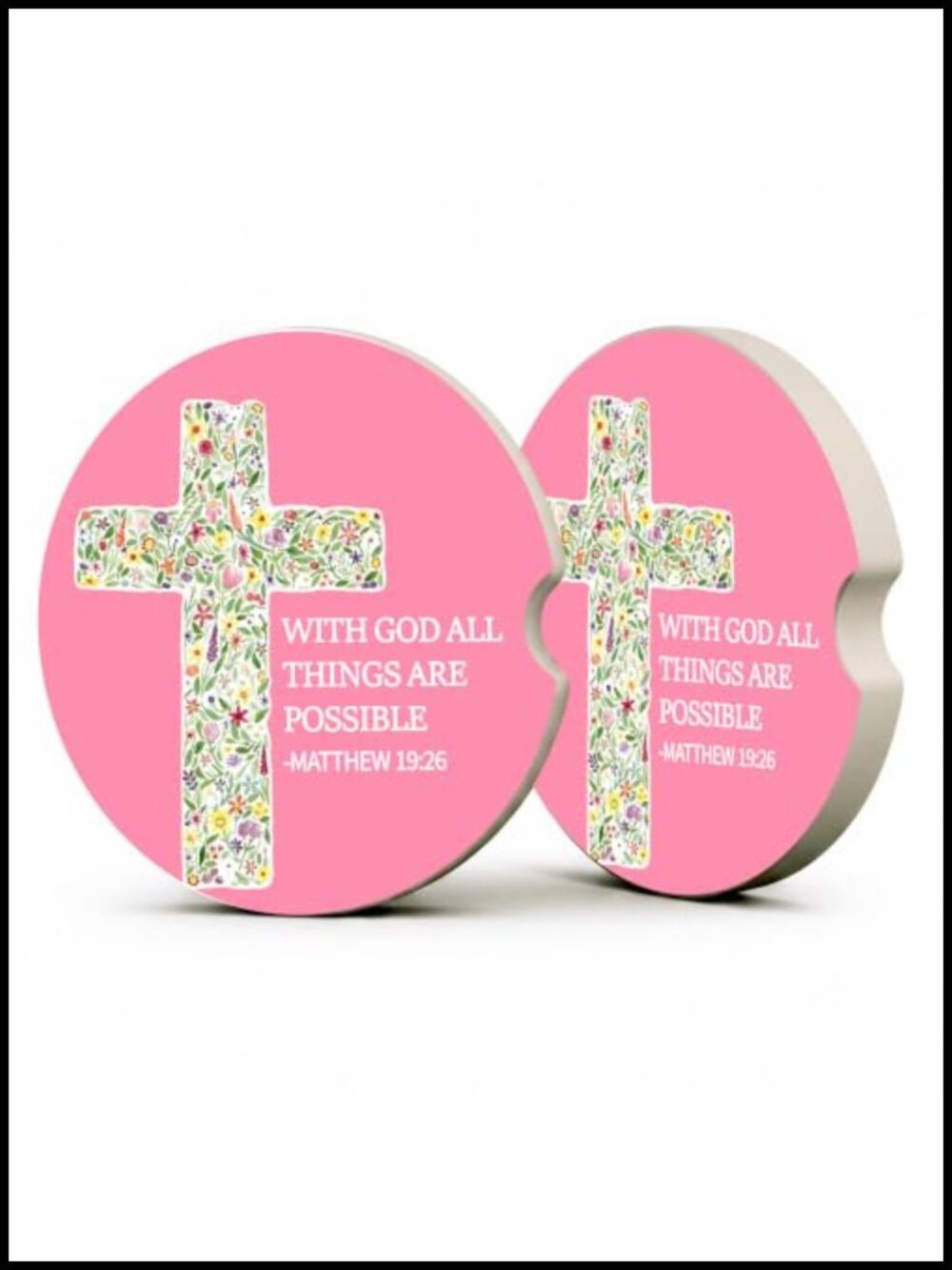 Ceramic Car Coasters Floral Cross Scripture Cup Holders Set of 2